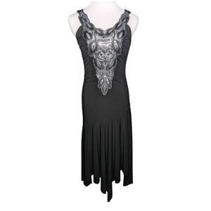 Y2K Black Silver Sequin Bodice Whimsigoth Art Deco Fairy Tiered Hem Midi Dress M